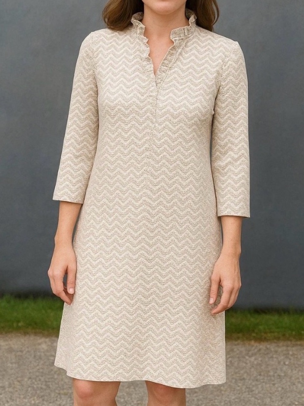 J. McLaughlin Cream Chevron Midi Shift Dress with Mandarin Collar